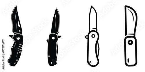 Four different types of folding knives on white background