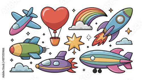 Whimsical Aviation Dreams: A collection of vibrant, illustrated vehicles and celestial elements, conjuring imagination and the joy of flight.