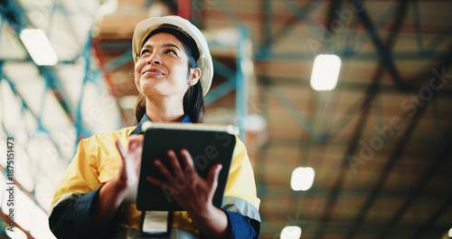 Cuadro en lienzo Woman, tablet and warehouse inspection with smile, checklist or notes for inventory management