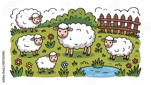 Pastoral Sheep Gathering: A charming cartoon depicts a gathering of fluffy sheep in a vibrant meadow, evoking a sense of tranquility and rural life.