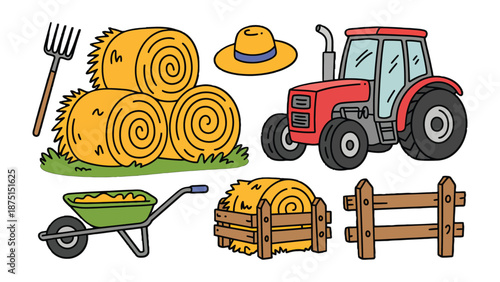 Farm Equipment and Harvest Elements: A vibrant illustration showcasing essential elements of farming. A vivid representation of agriculture.
