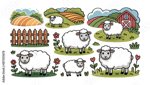 Sheeps on Farm: A captivating scene presents multiple cartoon sheep, peacefully grazing in a vibrant farm setting with a charming red barn.