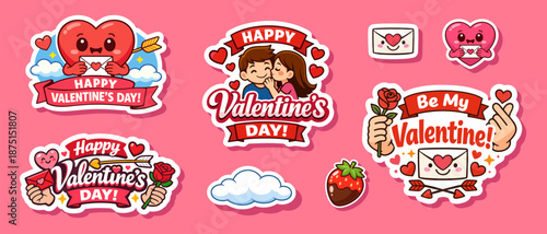Valentines Day stickers set with cute hearts teddy bear and romantic elements, colorful cartoon collection for love messages and holiday design