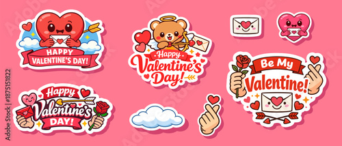 Adorable kawaii-style Valentine’s Day sticker collection featuring smiling hearts, cupid bear with bow and arrow, love letters, romantic envelopes, roses, clouds, and finger heart gestures. Bright red