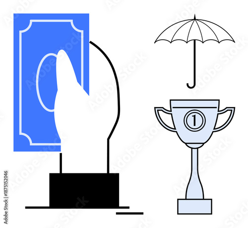 Financial security concept. Financial protection with an umbrella, success with a trophy, and cash stability. Financial security for savings, investments, insurance, achievements, and rewards