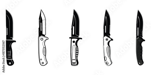 Five various folding pocket knives with different blade shapes