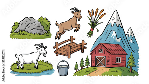 Farm Scene Illustration: A delightful illustration featuring a goat, barn, mountains, and other elements of farm life, crafted with vibrant colors and charming details.