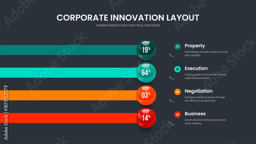 Simple Strategy 4 Option Infographic Frame Template. Professional Overview Four Element Chart Presentation Design. Educational Portfolio Slideshow Layout Vector Illustration.