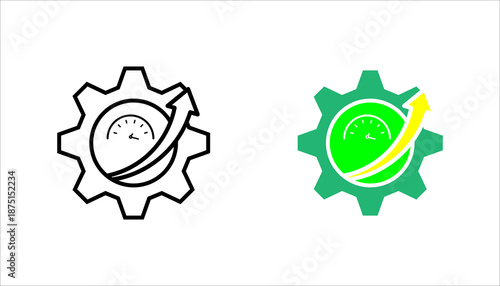 Gear with speedometer and upward arrow icon set. in outline style representing performance improvement, optimization, efficiency, and system growth concepts.