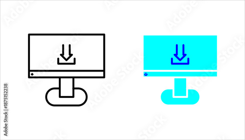 Computer monitor with download arrow icon set. in outline style representing file download, data transfer, software installation, and digital content.