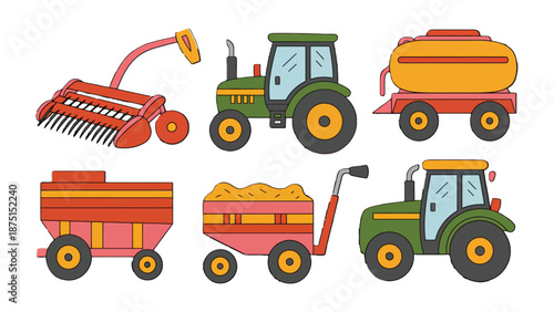 Farm Machinery Collection: A vibrant illustration showcasing a collection of farm machinery, including tractors and trailers, each with its unique function to cultivate the land.