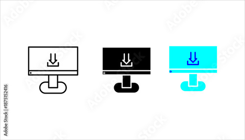 Computer monitor with download arrow icon set. in outline style representing file download, data transfer, software installation, and digital content.