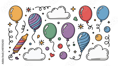 Festive Balloons: A delightful arrangement of colorful balloons, stars, and playful elements create a whimsical scene, perfect for celebrations and cheerful occasions. 