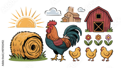 Farm Life Illustration: A vibrant illustration showcases farm elements like a rooster, chicks, a hay bale, and a barn. It encapsulates the simplicity and beauty of rural life.