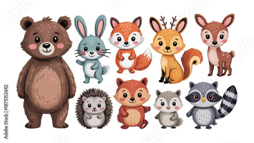 Cute Forest Friends: A charming gathering of adorable forest creatures. Showcasing a playful display of cartoon characters. Perfect for adding a touch of whimsy and delight to any creative project.