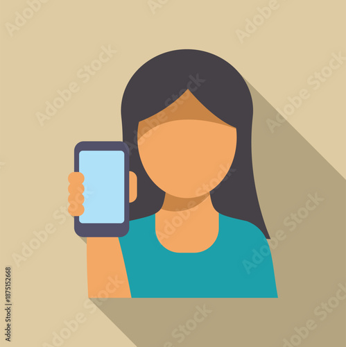 Woman avatar displaying a mobile phone with empty screen, useful for user interface concepts