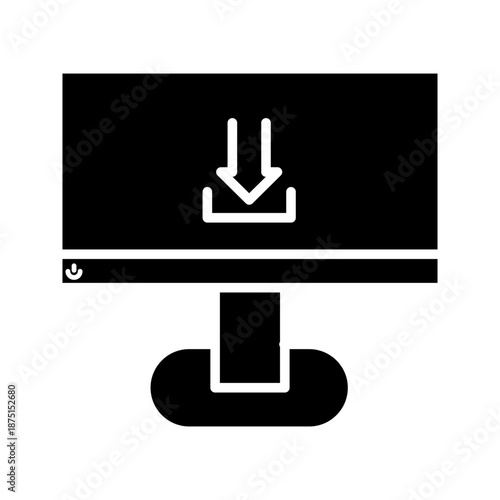 Computer monitor with download arrow icon in outline style representing file download, data transfer, software installation, and digital content.