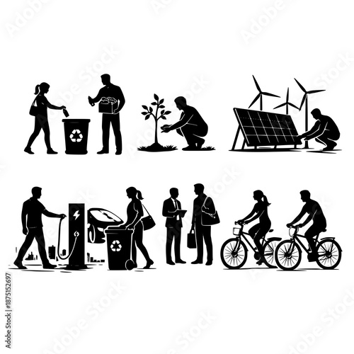 Sustainable Living Silhouettes in Eco-Friendly Actions with Black and White Illustration for Environmental Awareness