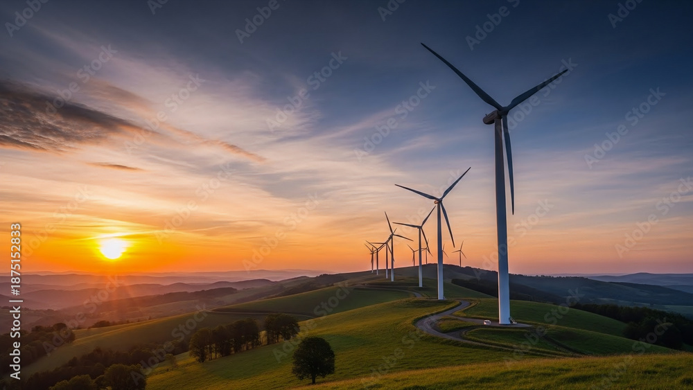 Obraz premium Wind turbines generating clean energy at sunset in rolling hills
