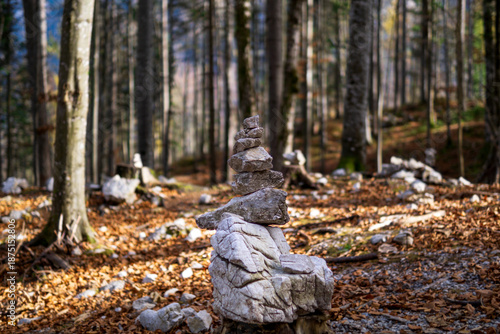 Stone cairn balanced on forest floor