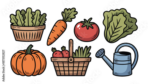 Harvest Bounty: A vibrant assortment of freshly picked vegetables and gardening essentials, showcasing the abundance of nature's offerings, ripe for the taking.