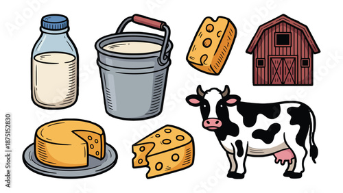 Dairy Farm Delights: A colorful and inviting illustration showcases a collection of dairy essentials, including a cow, cheeses, a bucket of milk, a milk bottle, and a barn.