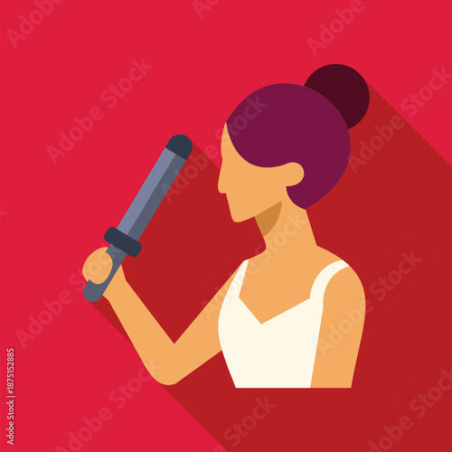 Woman holding a curling iron, creating hairstyle, performing beauty maintenance