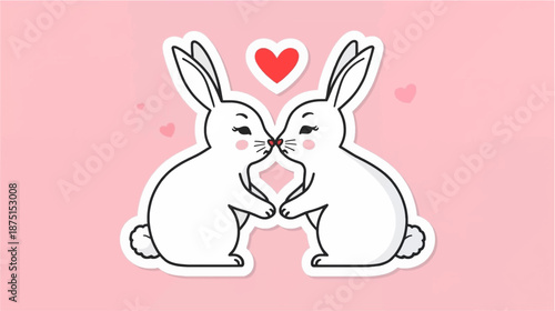 Two cute white cartoon rabbits kissing with a red heart above them on a pink background, sticker illustration.