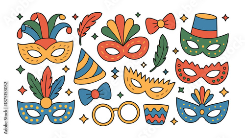 Masks and Embellishments: Colorful and creatively designed masks, feathers, and decorative accessories are artfully arranged, perfect for celebrations and festivities.