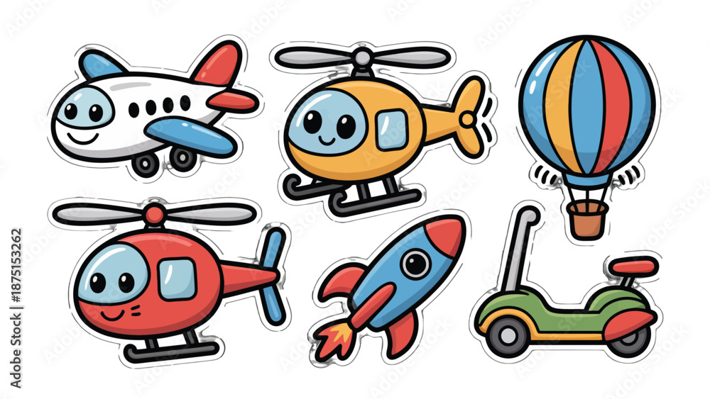 Fototapeta premium Cartoon transport set: A whimsical collection of illustrated transport vehicles. These charming illustrations are perfect for adding a touch of fun to any project.