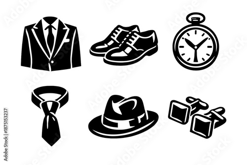 Bold Fashion Icons. Classic fashion icon set in silhouette bold style. Contain tailored suit, leather shoes, pocket watch, tie knot, fedora hat, cufflinks