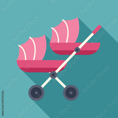 Double baby stroller with pink canopies and long shadow on blue background