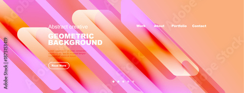 Abstract geometric background. Pink, orange hues blend. Website header with navigation options present. Modern design elements visible.
