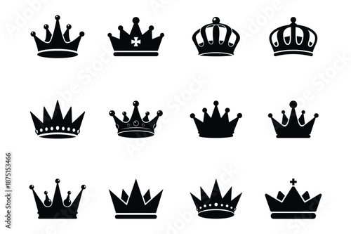 Black crown silhouette set with royal decorative shapes for design use vector illustration.