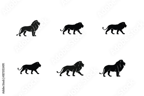 Lion silhouettes collection showing strong wild animal poses vector illustration.