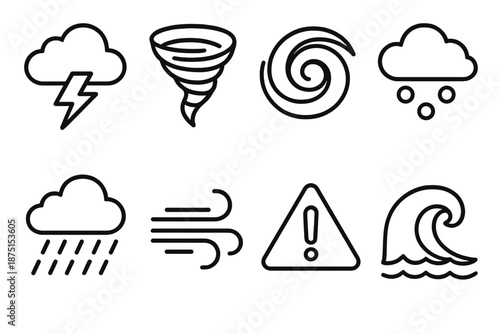 Severe Weather Icons. Severe Weather set in outline vector style: thunderstorm cloud, tornado funnel, hurricane spiral, hailstones, heavy rain band, high wind icon, warning triangle, storm surge wave