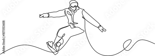 Minimalist line art of a snowboarder balancing on snow mountain