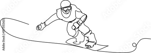Single continuous line drawing of a snowboarder in action pose