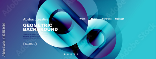 Abstract geometric background design. Blue hues dominate, featuring flowing shapes, text elements, navigation menu. Modern aesthetic.