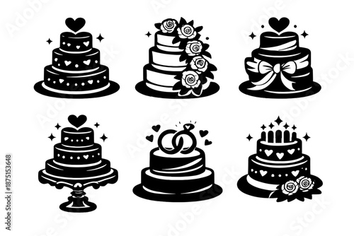 Brutalist Wedding Cake Icons. Wedding cake icon set in silhouette bold style. Contain tiered cake, floral decoration, ribbon wrap, elegant stand, soft glow, romantic detail