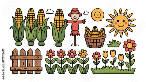 Farm Scene Illustration: A delightful illustration showcases a picturesque farm scene with vibrant corn stalks, a friendly scarecrow, blooming flowers, a woven basket, and a radiant sun.