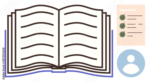 Education, documentation, content creation, personal development, study tools, learning materials. Open book, checklist user icon. Education and documentation visual concept