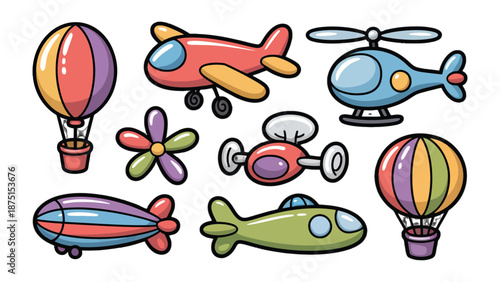 Colorful Aircraft Collection: A vibrant assortment of various aircraft, showcasing a spectrum of shapes and sizes, evokes a sense of adventure and wonder, perfect for playful design elements.
