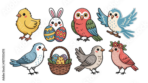 Easter Birds and Bunny: Adorable cartoon birds and a bunny, each in delightful designs, ready to celebrate Easter with cheer and vibrant colors.