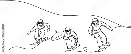 Group of snowboarders sliding down mountain slope continuous line drawing