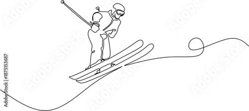 Skier with poles sliding down the hill continuous line drawing