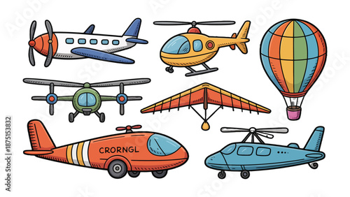 Airborne Armada: A vibrant ensemble of aerial vehicles, ranging from a prop plane to a whimsical hot air balloon, promises a journey across the sky.