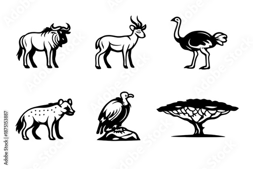 Savanna Animal Icons. Savanna wildlifeset in outline vector style wildebeest, antelope, ostrich, hyena, vulture, acacia tree