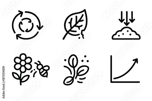 Ecosystem Icons. Ecosystem Life Cycles set in outline vector style: nutrient loop, decomposing leaf, fungal sprout, soil arrows, pollination icon, seed