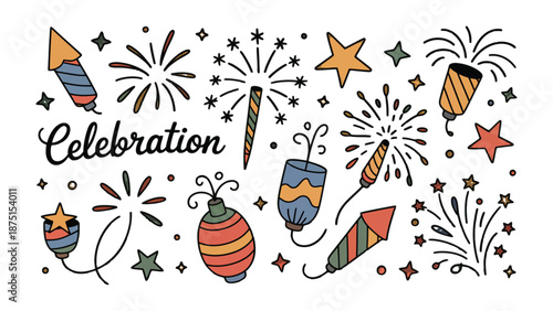 Fireworks Extravaganza: Whimsical illustrations capture the celebratory essence of fireworks, depicting stars, rockets, and festive explosions against the night sky, a visual symphony of joy.